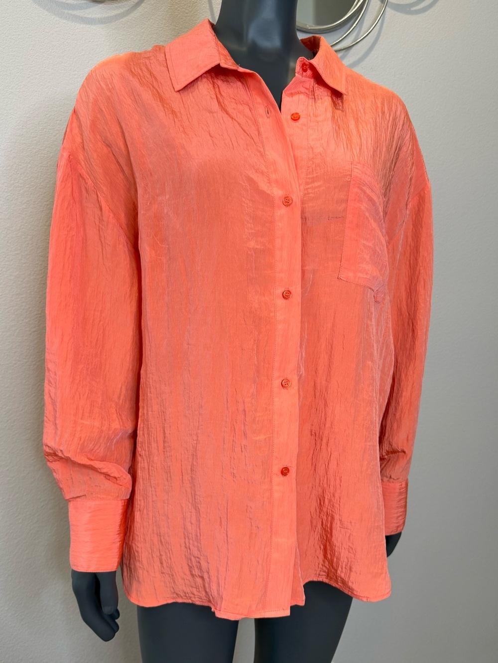 House of Harlow 1960 Crinkled Button Down Oversized Shirt Size L Tangerine NWOT